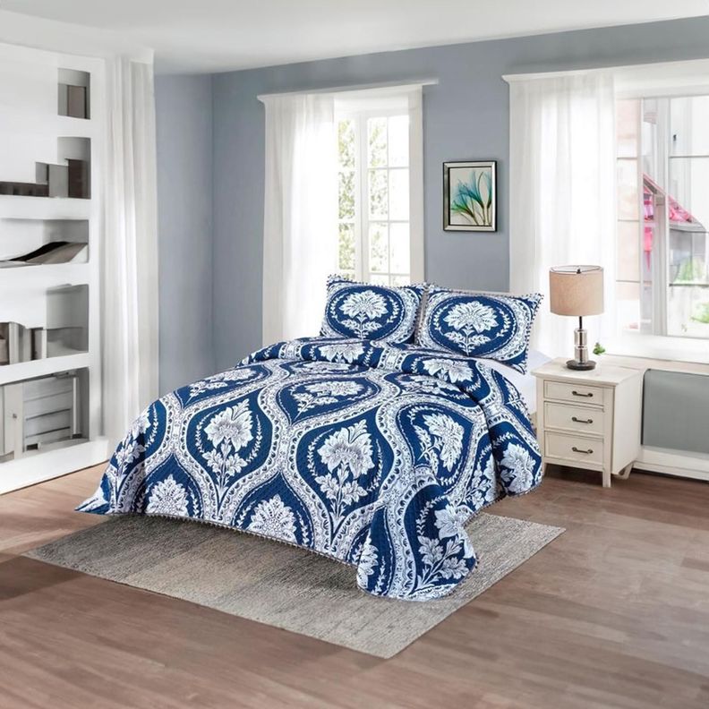 Cubrecama Quilt 2 Plazas Diseño Picas Azul Con Pompones