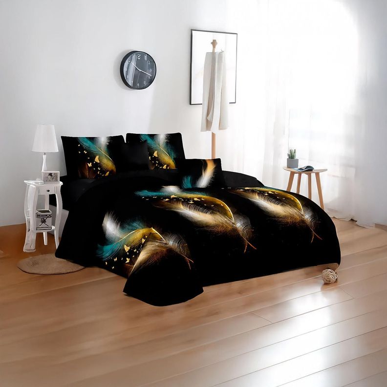 Cubre Cama King Quilt 2.5 Plaza Estampado Plumas Doradas 657-1