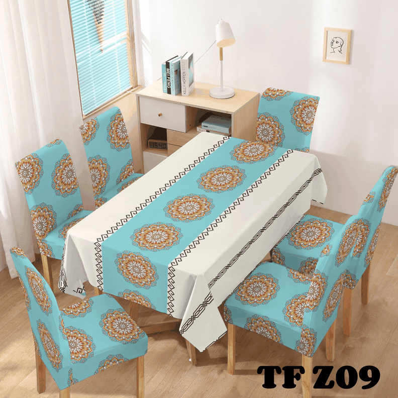 MANTEL PARA MESA COMEDOR CON 6 FUNDAS DE SILLA-1
