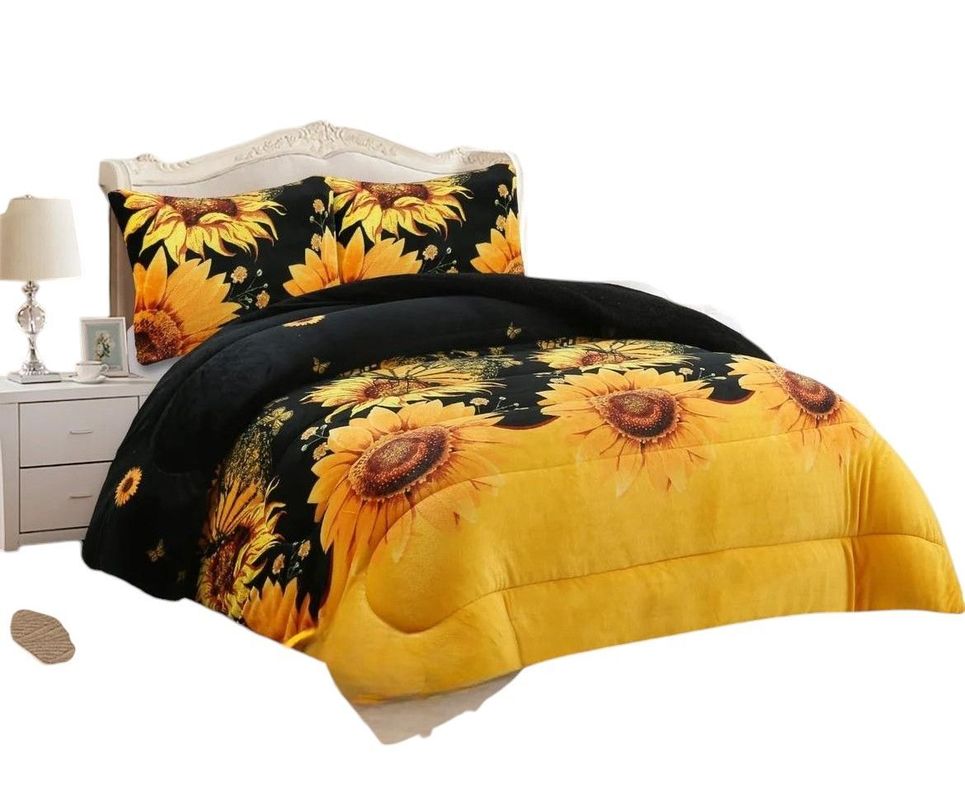 cubrecama con chiporro plush 2 plzas de girasoles + fundas  -0