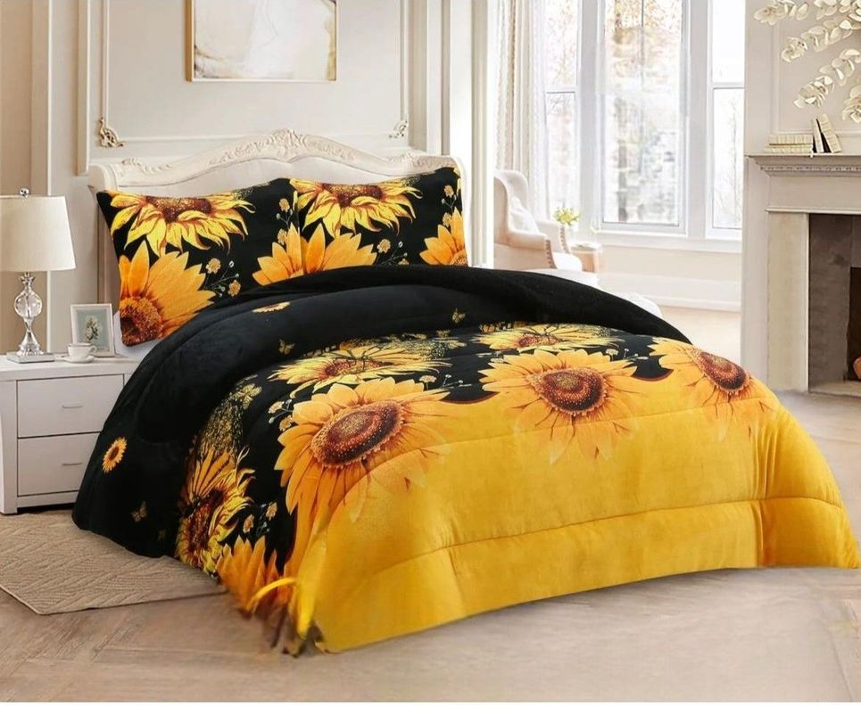 cubrecama con chiporro plush 2 plzas de girasoles + fundas  -1