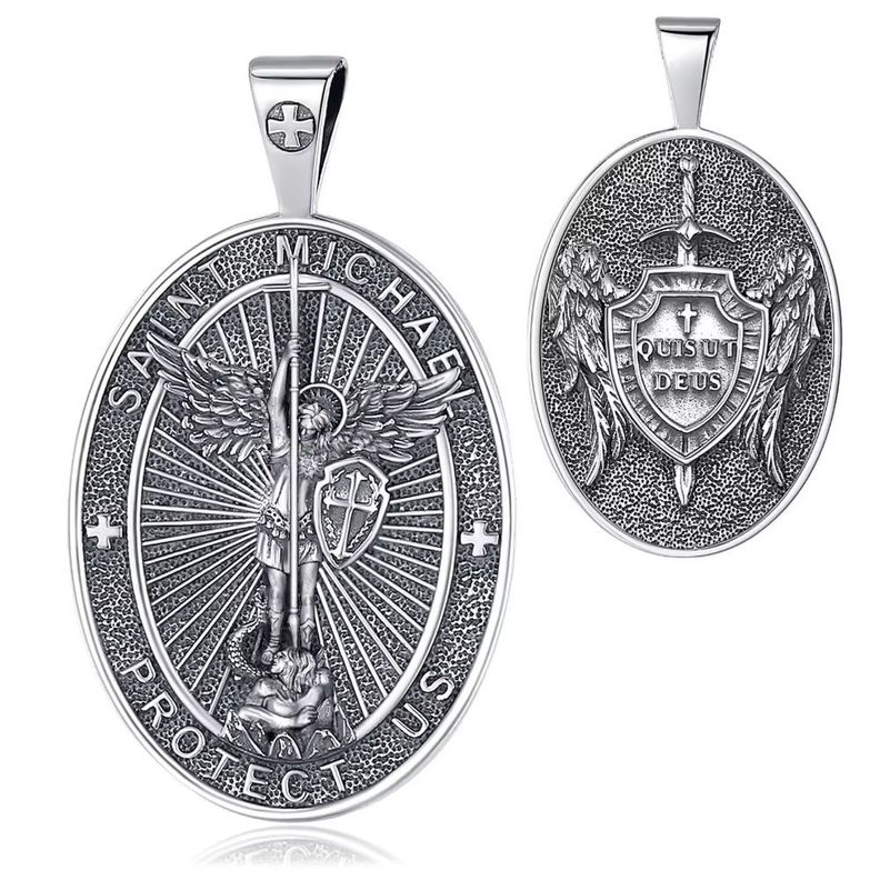Colgante medalla de San Miguel de arcángel en plata fina 950, con cadena-0