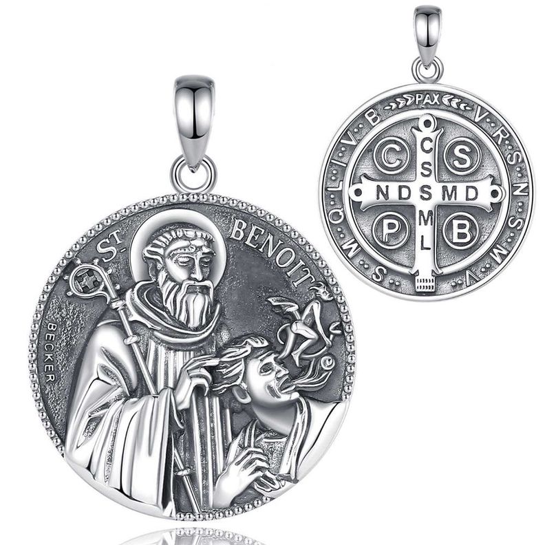 Colgante medallón San Benito macizo en plata fina 950, con cadena-0