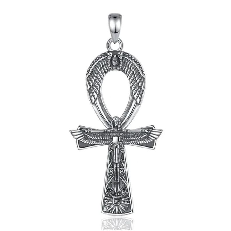 Colgante cruz ankh, llave del cielo con diosa isis en plata fina 950, con cadena-0