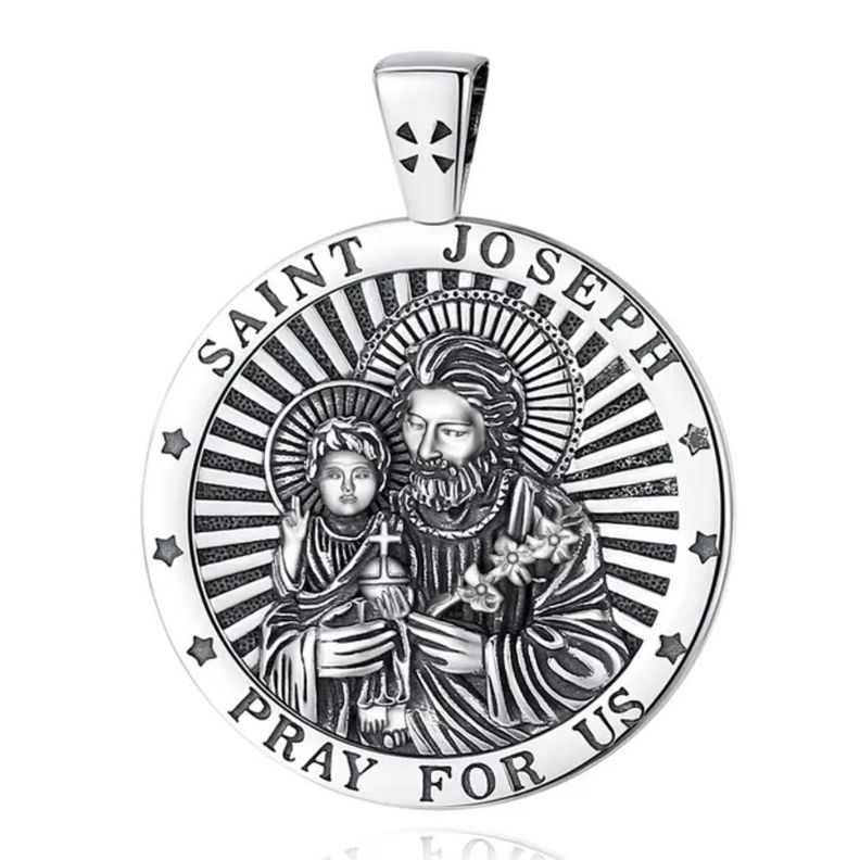 Colgante medalla de San Jose redonda en plata fina 950, con cadena-0