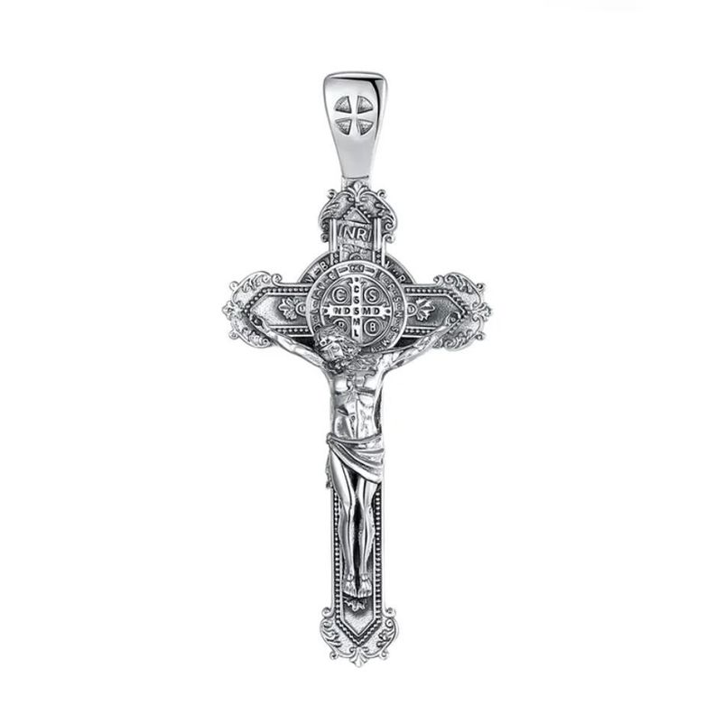 Colgante cruz San Benito maciza con cristo en plata fina 950, con cadena-0