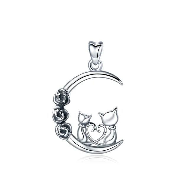 Colgante media luna con pareja de gatos en plata fina 950-0