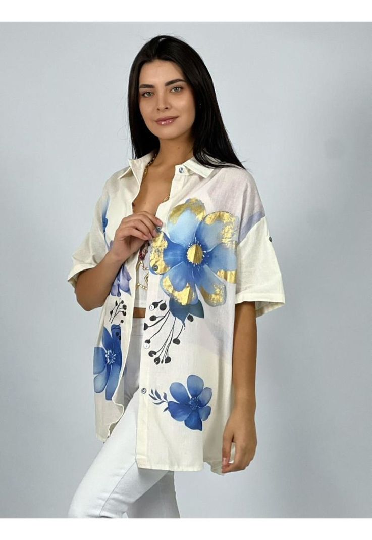 Blusa Lino con Flores Bordes Brillantes Fucsia Enigmática Boutique-0