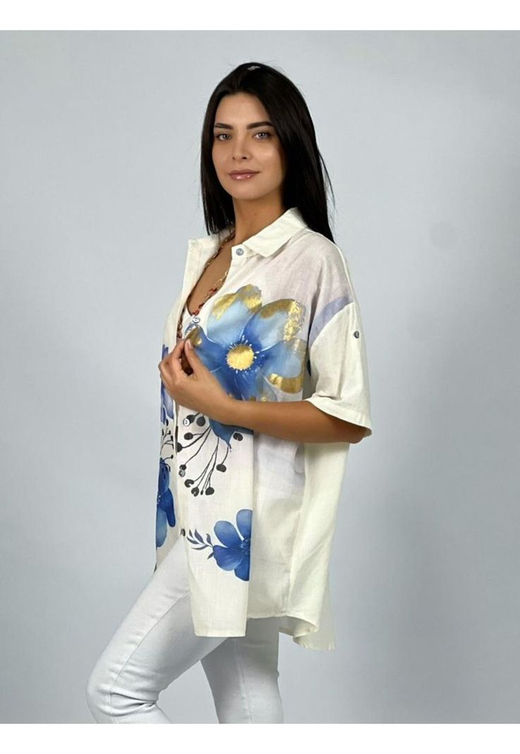 Blusa Lino con Flores Bordes Brillantes Fucsia Enigmática Boutique-2
