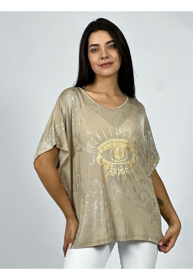 Polera Acetato Holgada Estampado OJO Beige Enigmática Boutique-0