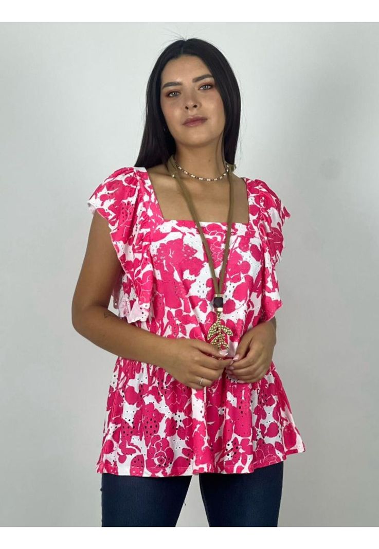 Polera Bicolor Diseño Flores Mangas Vuelos Fucsia-0