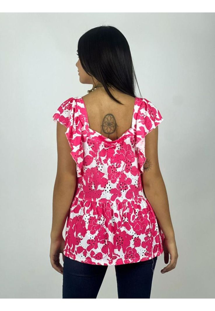 Polera Bicolor Diseño Flores Mangas Vuelos Fucsia-3