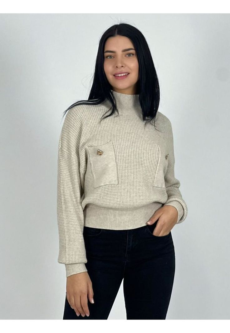 Sweater Con Bolsillos Y Botones De Pica Beige