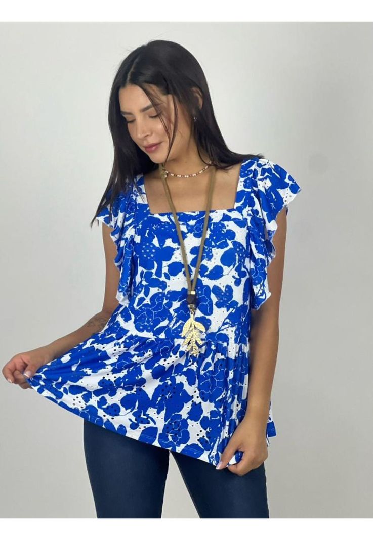 Polera Bicolor Diseño Flores Mangas Vuelos Azul-0