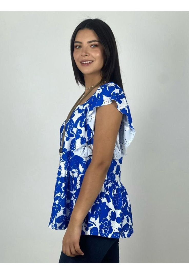Polera Bicolor Diseño Flores Mangas Vuelos Azul-2