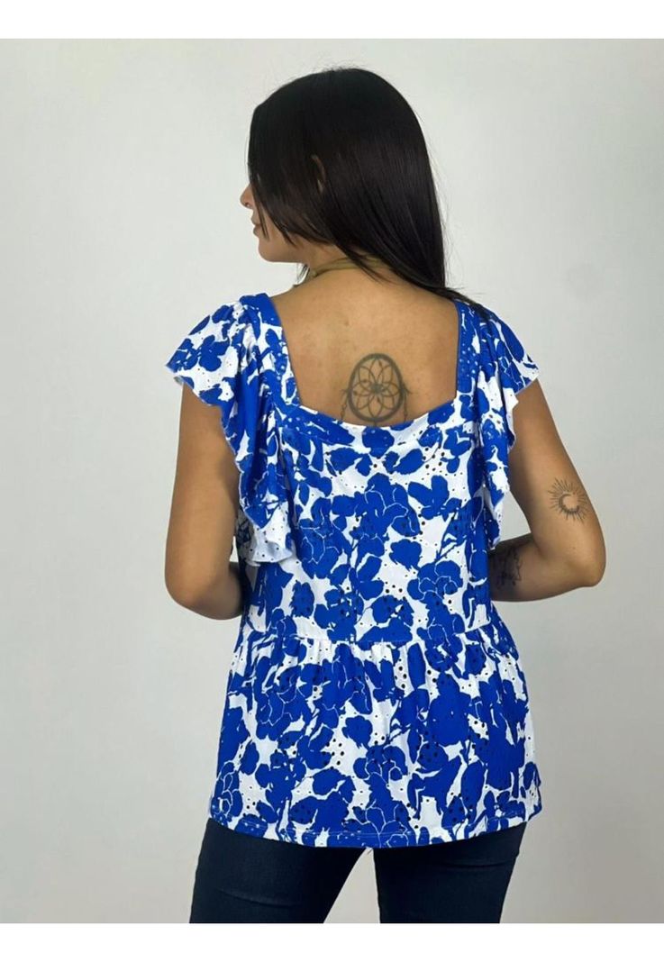 Polera Bicolor Diseño Flores Mangas Vuelos Azul-3