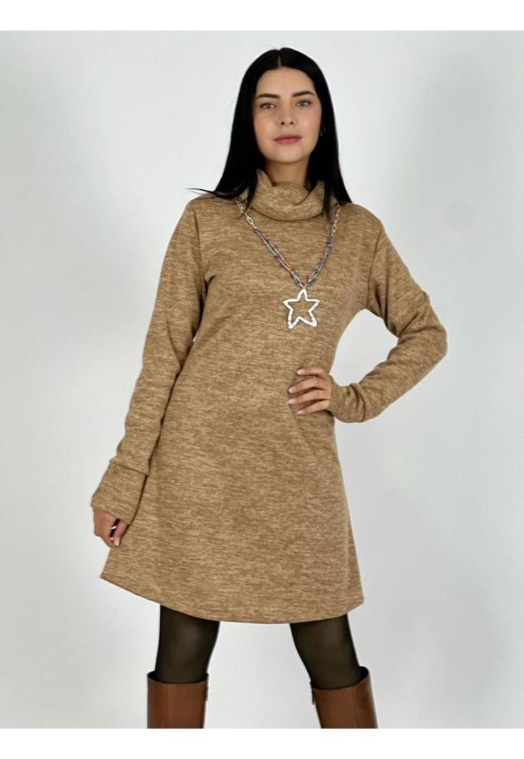 Vestido De Lanilla Cuello Ancho Café-0