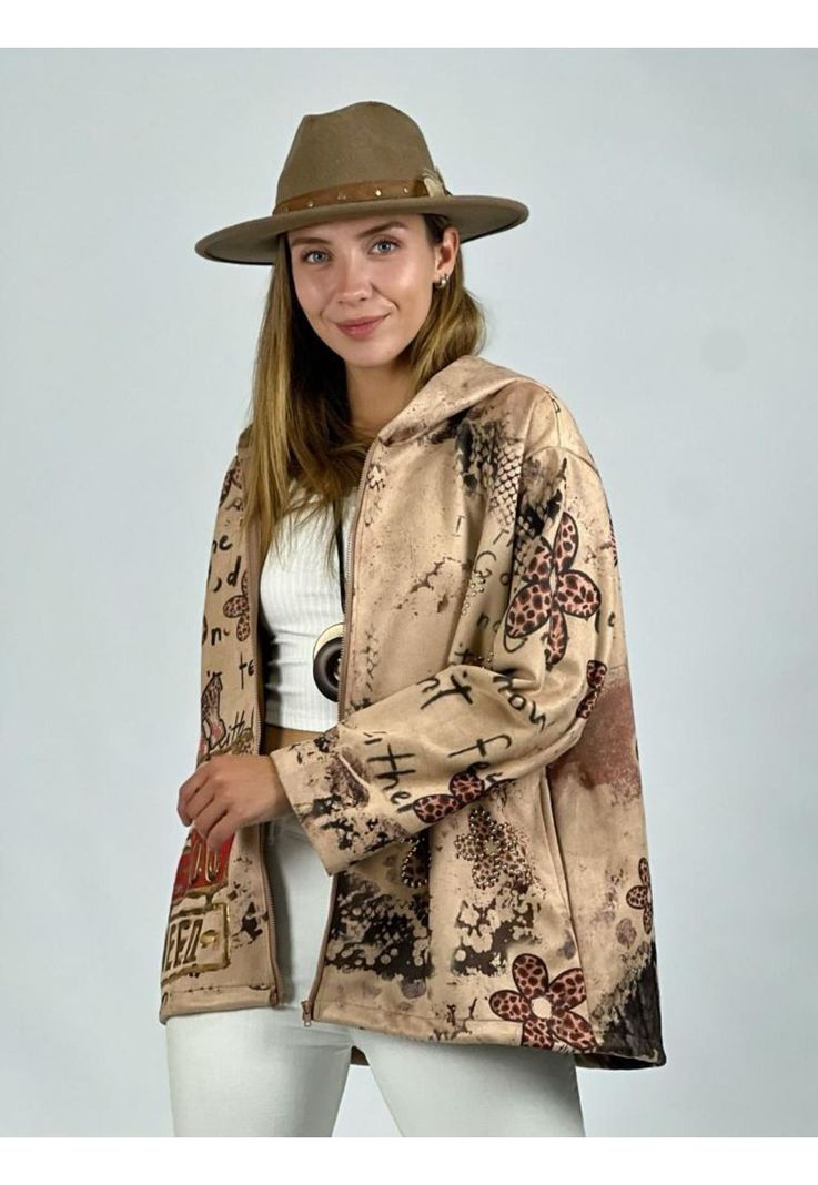 Poleron Gamuza Estampado Con Cierre y Gorro
