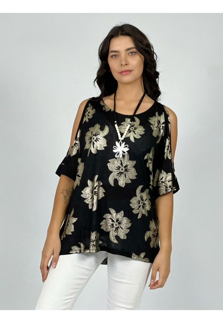 Polera Algodón Flores Brillantes Beige Enigmática Boutique-0