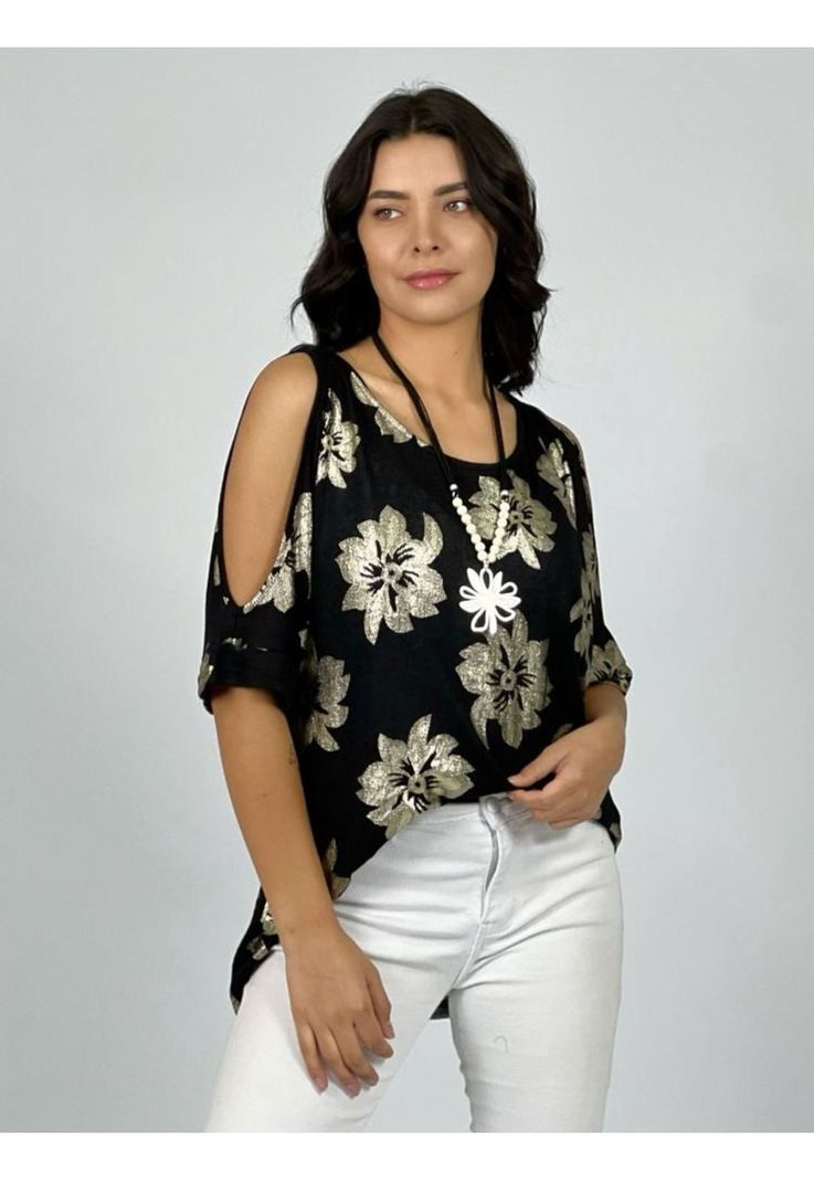 Polera Algodón Flores Brillantes Beige Enigmática Boutique-1