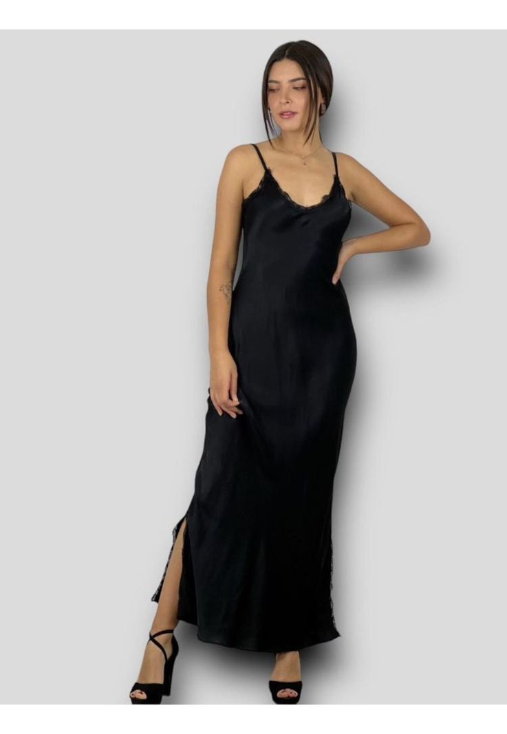 Maxi Vestido Seda Bordes Gaza Negro-0