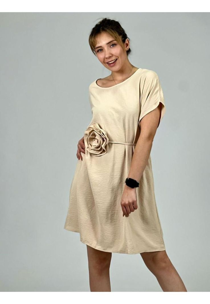 Vestido Crepe Cinturón de Rosa Beige Enigmática Boutique-0