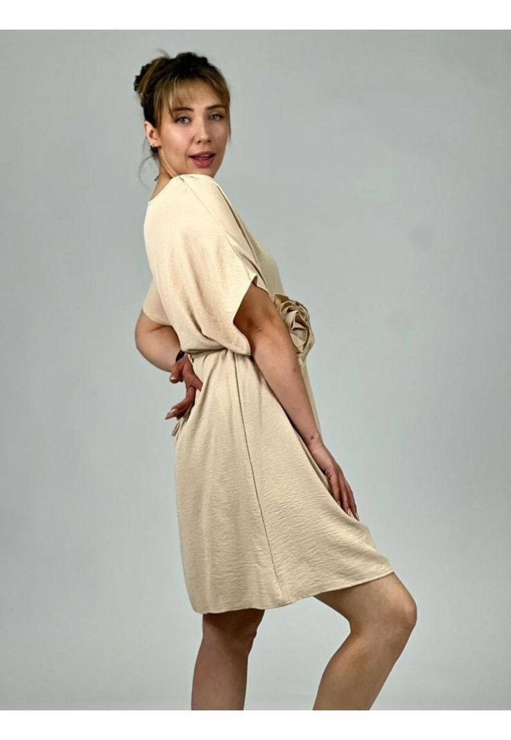 Vestido Crepe Cinturón de Rosa Beige Enigmática Boutique-1
