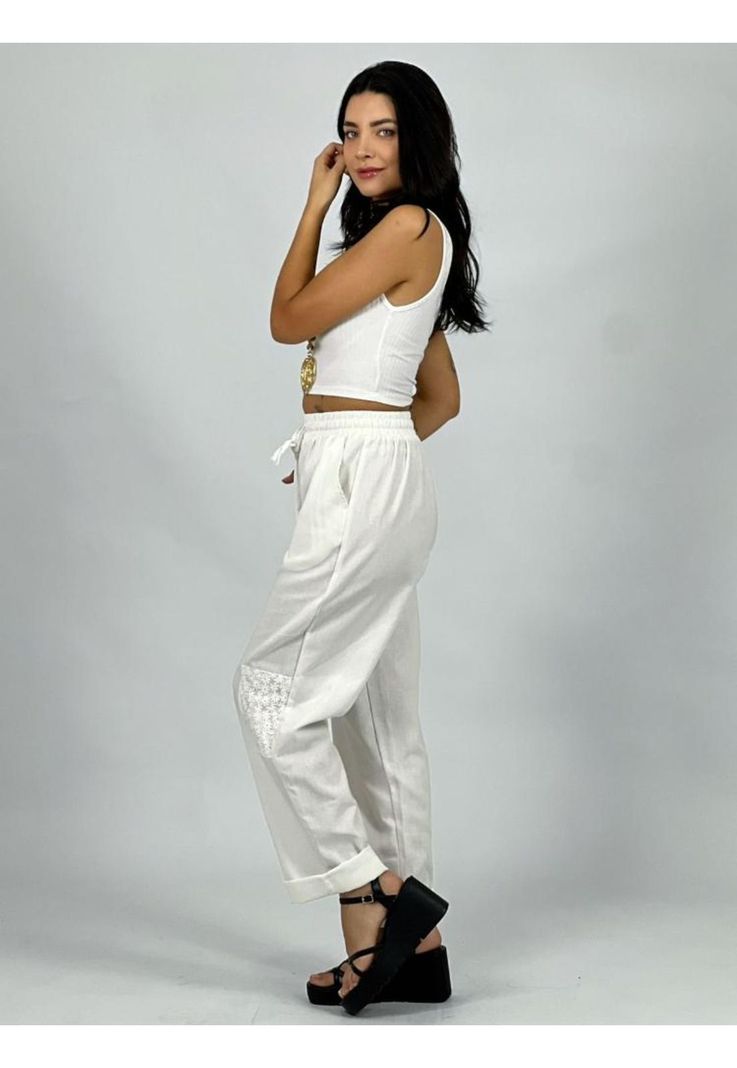 Pantalón de Lino Margaritas en Rodilla Café Enigmática Boutique-1