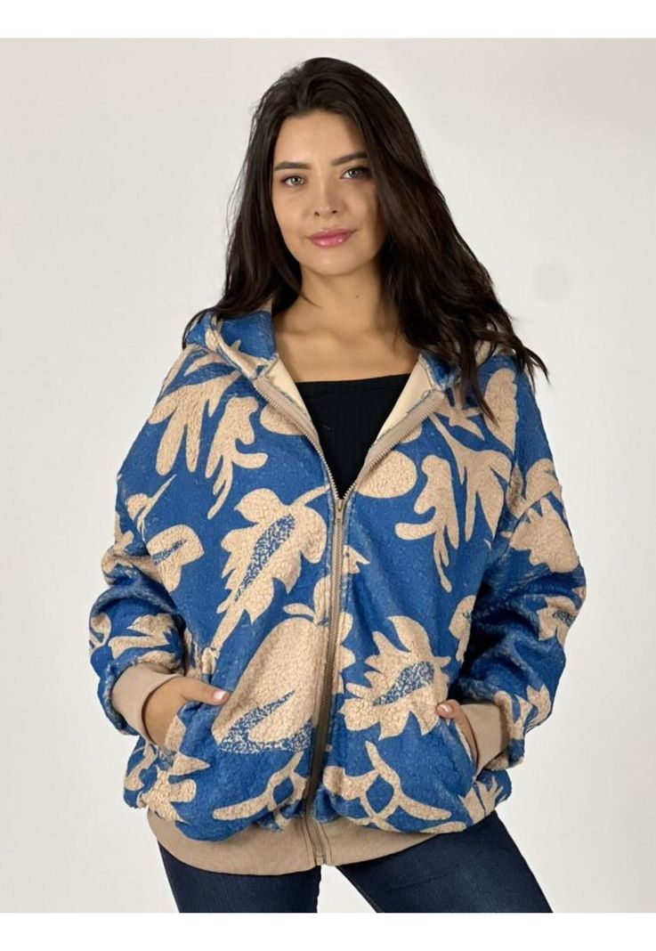 Polerón Cierre Y Capucha Diseño Hojas Azul Enigmática Boutique-0