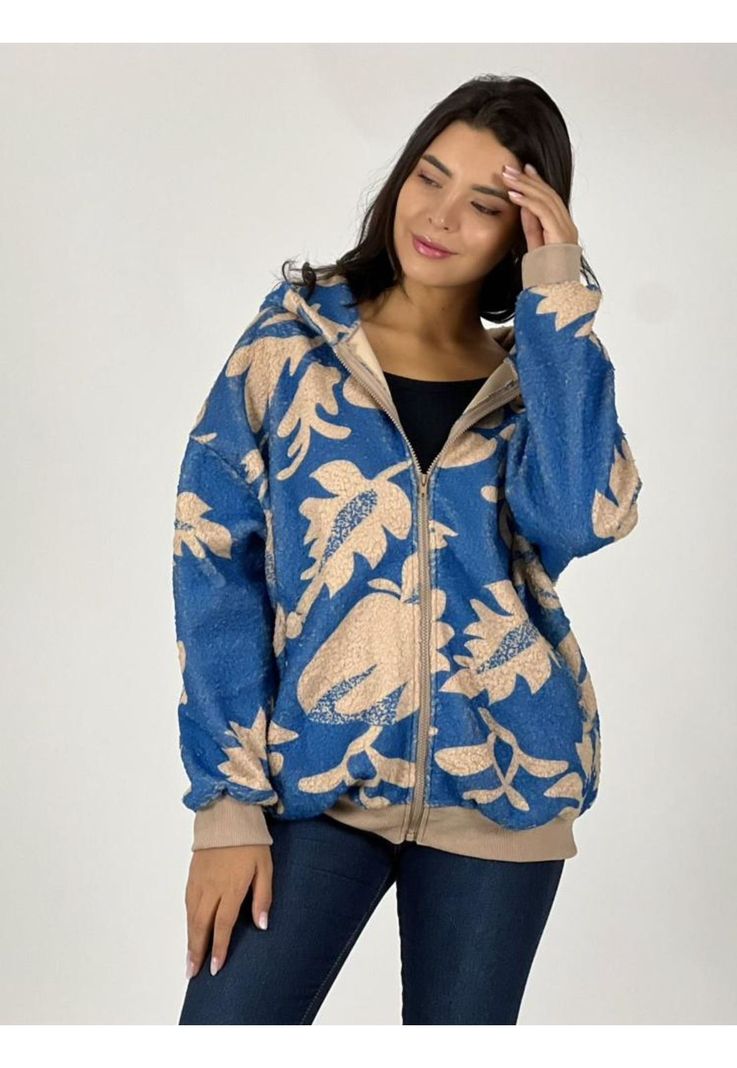 Polerón Cierre Y Capucha Diseño Hojas Azul Enigmática Boutique-1