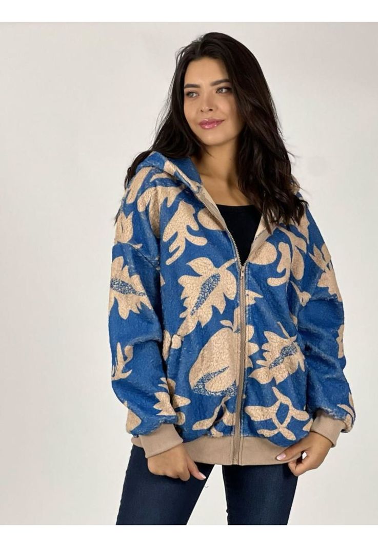 Polerón Cierre Y Capucha Diseño Hojas Azul Enigmática Boutique-2