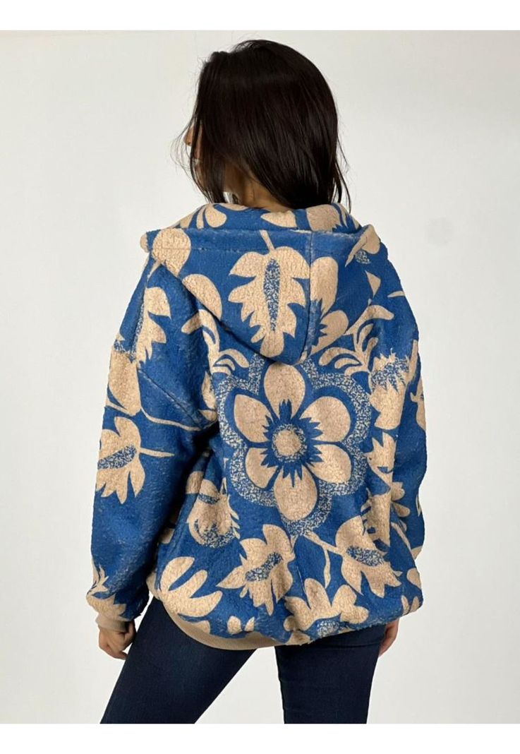 Polerón Cierre Y Capucha Diseño Hojas Azul Enigmática Boutique-3