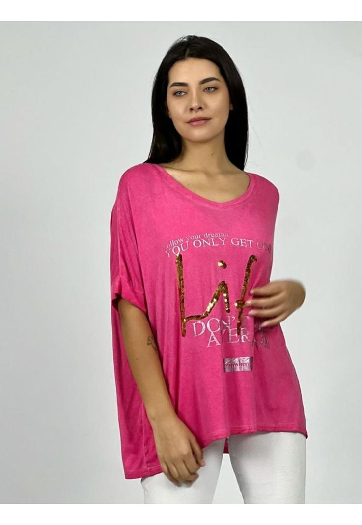 Polera Letras LIFE Lentejuelas Fucsia Enigmática Boutique-0