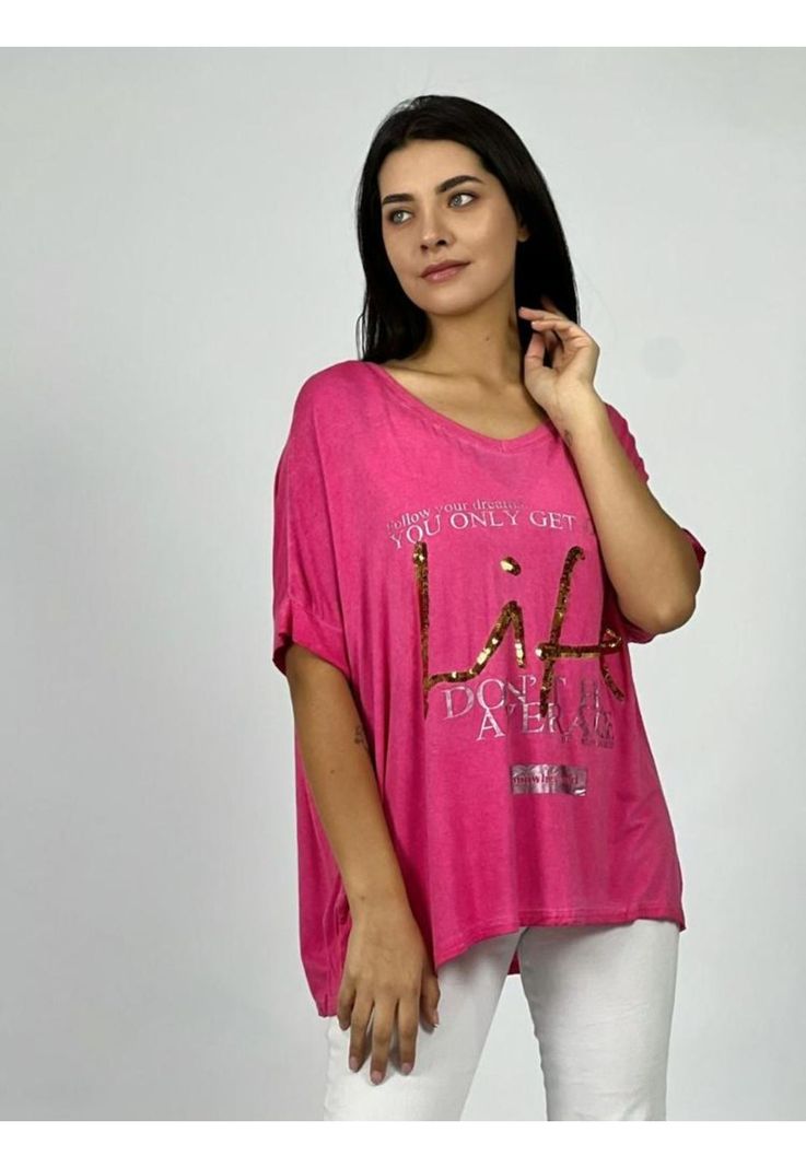Polera Letras LIFE Lentejuelas Fucsia Enigmática Boutique-1