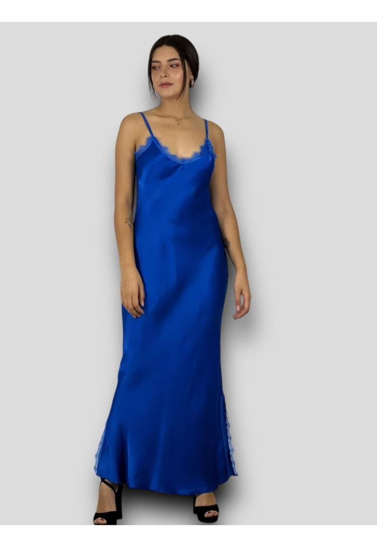 Maxi Vestido Seda Bordes Gaza Azul-0