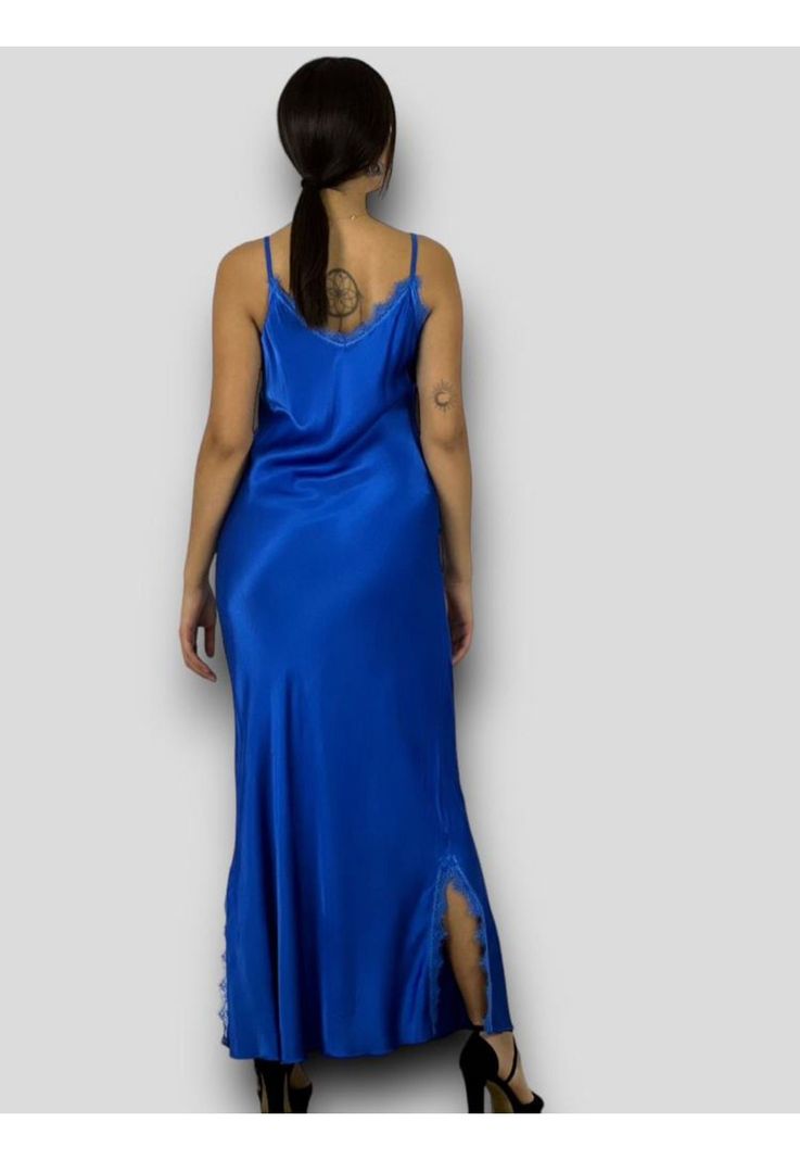 Maxi Vestido Seda Bordes Gaza Azul-1