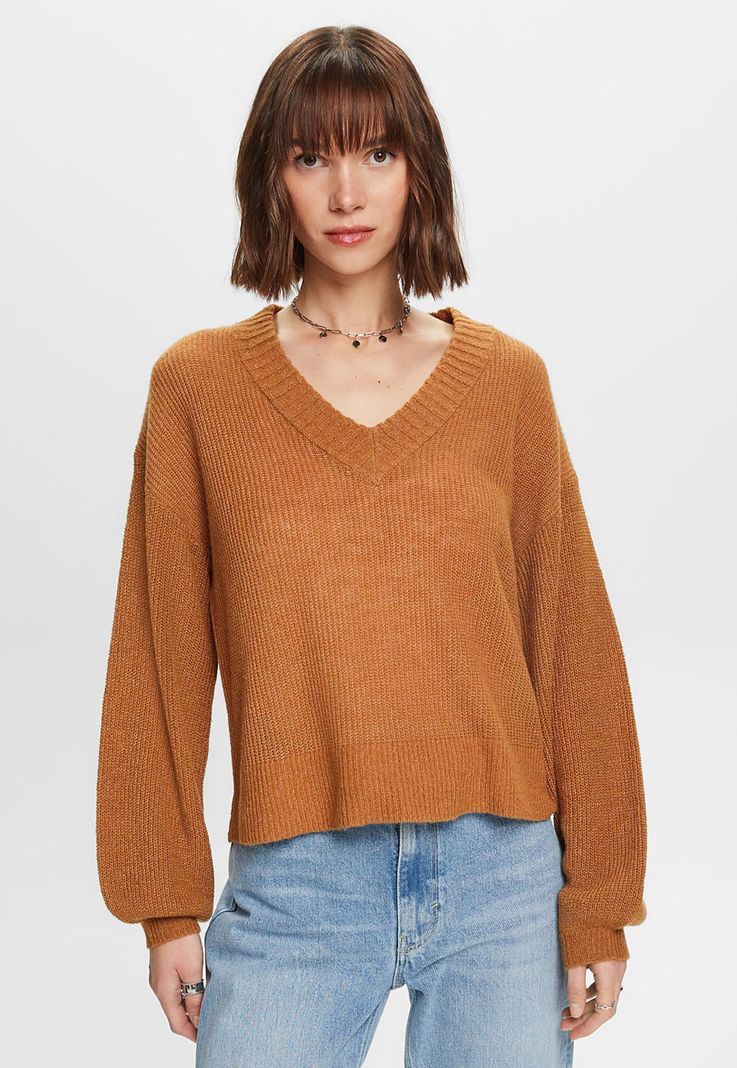 Sweater cuello en v con hombros caídos Mujer Esprit Naranja-0