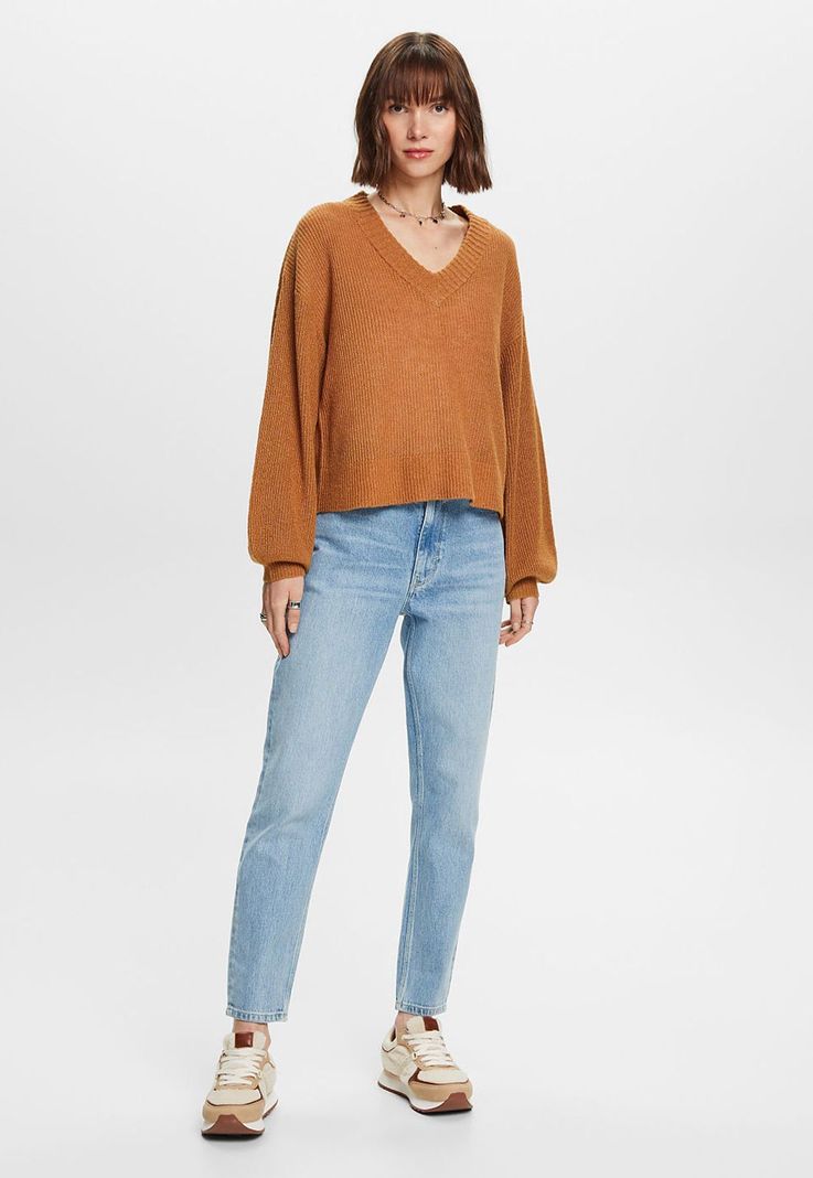 Sweater cuello en v con hombros caídos Mujer Esprit Naranja-3