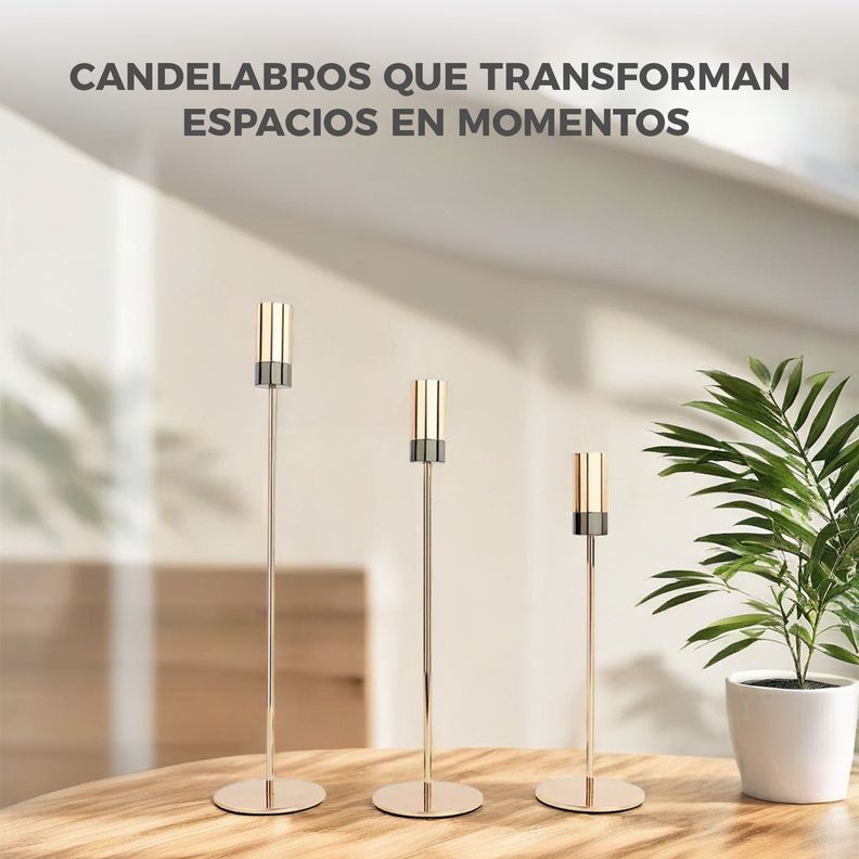 Candelabro 3 Piezas Porta Vela Centro de Mesa Oro Frances -1