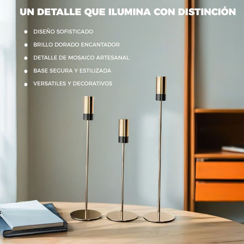 Candelabro 3 Piezas Porta Vela Centro de Mesa Oro Frances -3