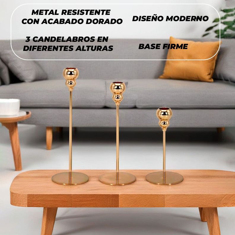 Candelabro 3 Piezas Porta Vela Centro de Mesa Cuenco Gold-1