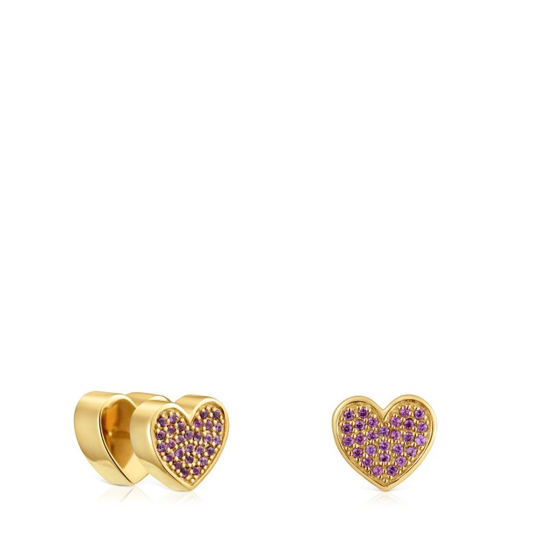 Pendientes corazón con baño de oro 18 kt sobre plata y rodolitas TOUS 1950-0
