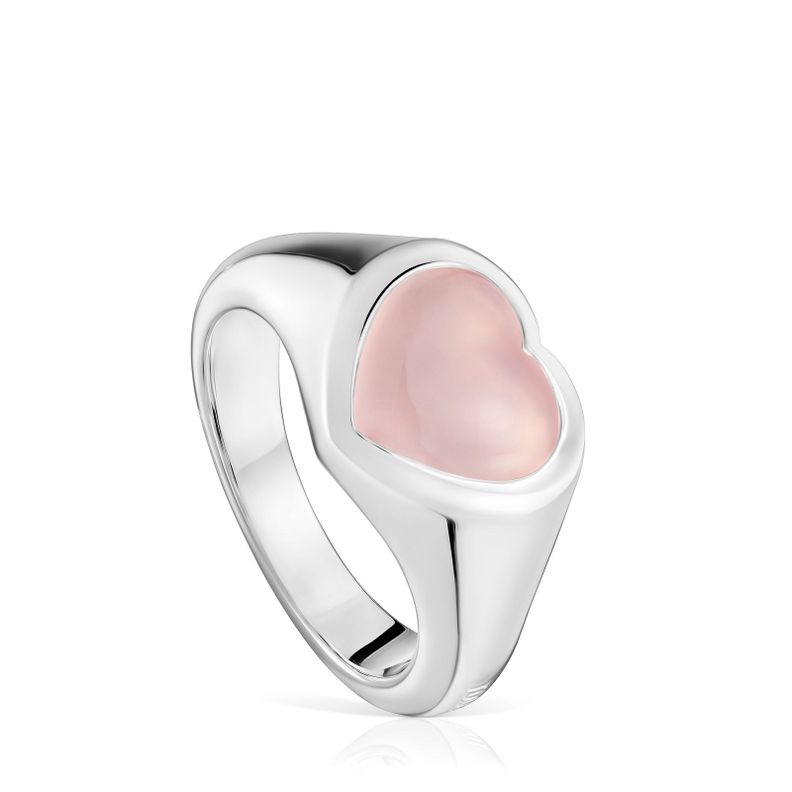 Anillo sello corazón de plata y calcedonia rosa Bold Motif-0