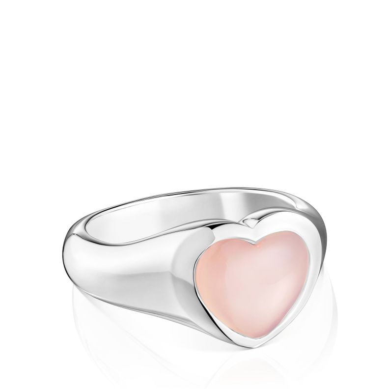 Anillo sello corazón de plata y calcedonia rosa Bold Motif-1