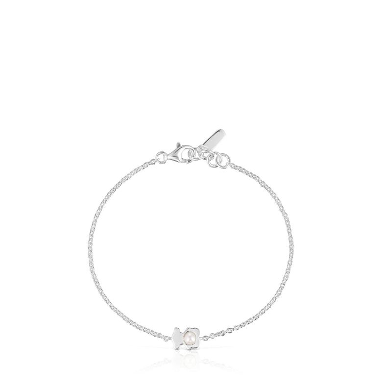 Pulsera cadena con oso de plata y perla cultivada I-Bear-1
