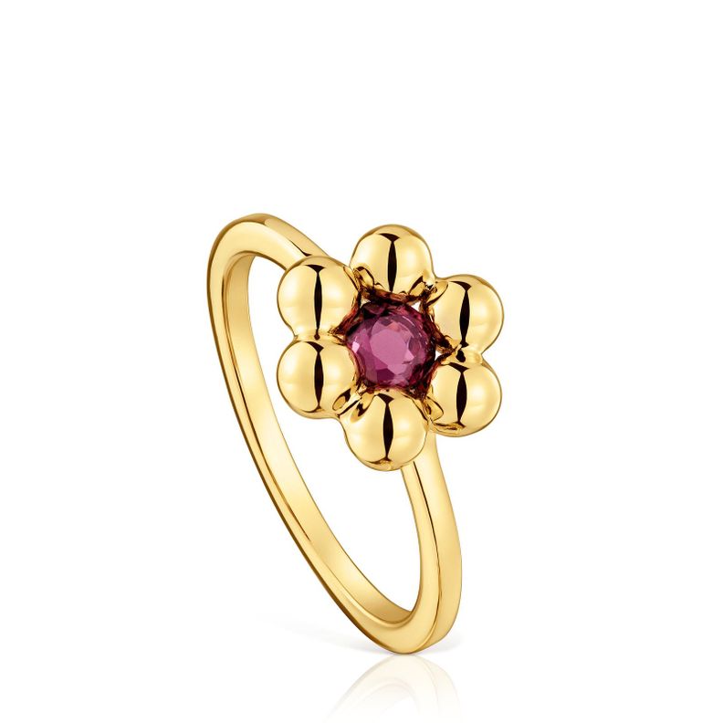 Anillo pequeño flor con baño de oro 18 kt sobre plata y rodolita Sugar Party-0