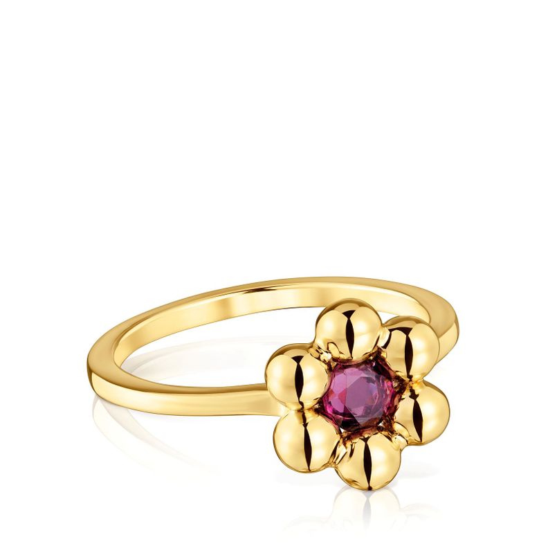 Anillo pequeño flor con baño de oro 18 kt sobre plata y rodolita Sugar Party-1