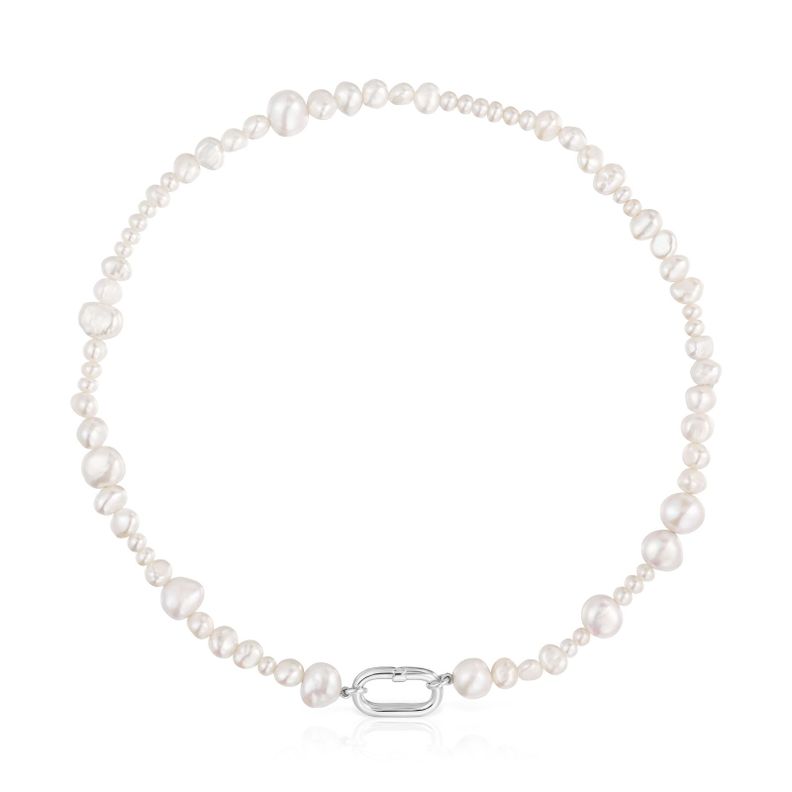 Gargantilla con perlas cultivadas y anilla de plata Hold Oval-0