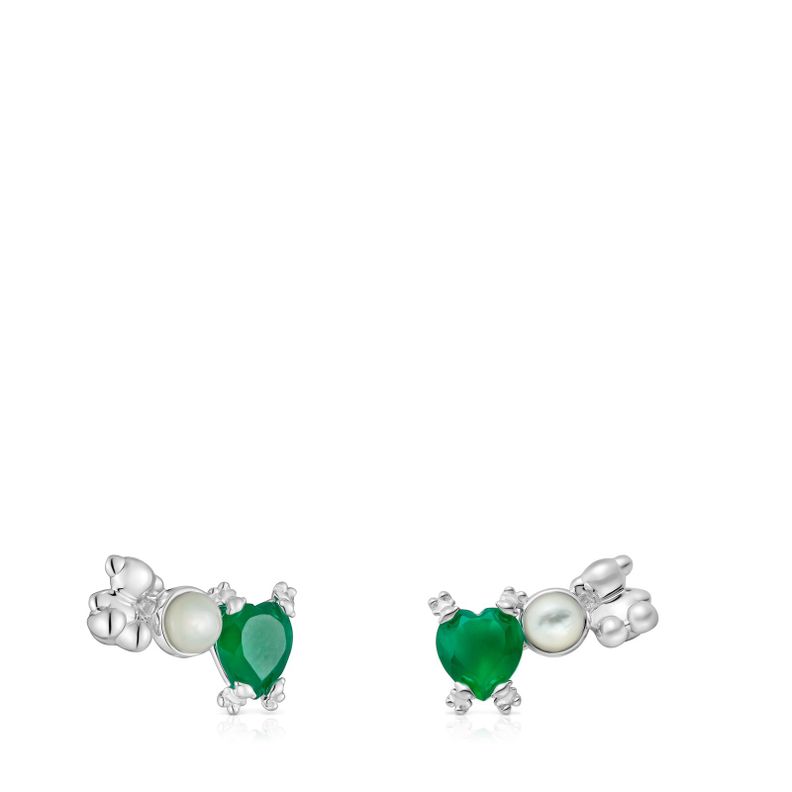 Pendientes trepadores con oso de plata, nácar y calcedonia Color Pills-0