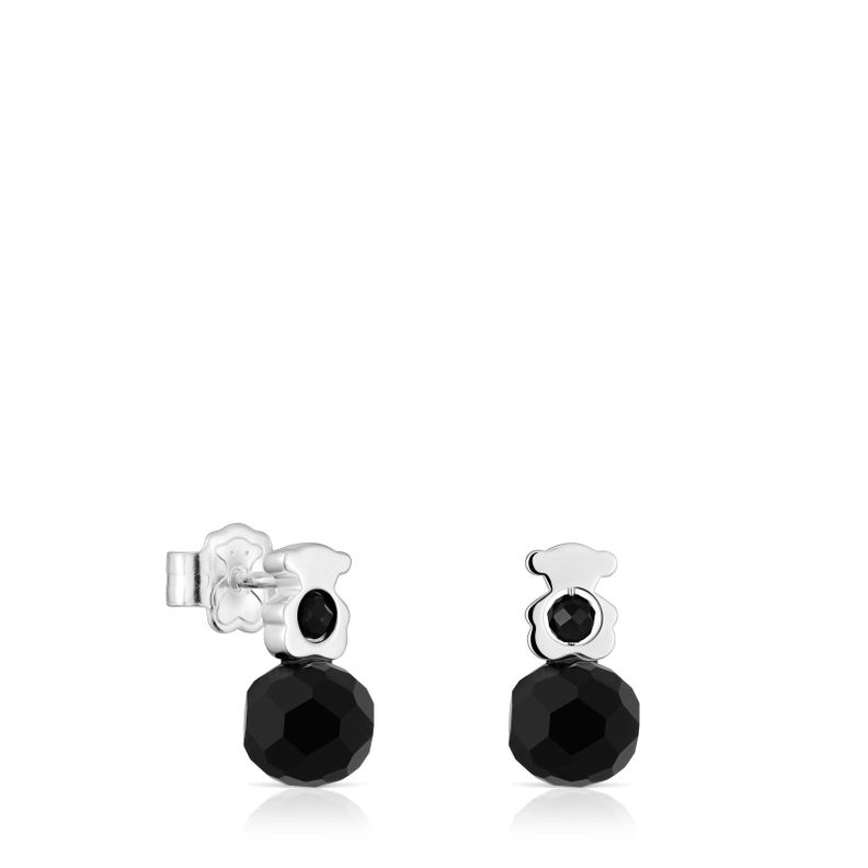 Aros pequeños oso de plata con ónix I-Bear-0